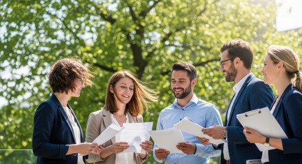 Collaborative team meeting in outdoor office setting with professionals