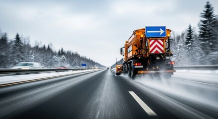 Winter road maintenance with snowplow truck on highway during snowstorm for safety and efficient transport