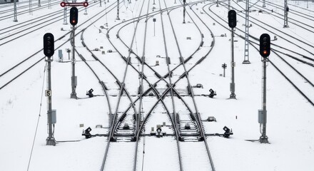 Winter railway intersection with snow-covered tracks and signal lights