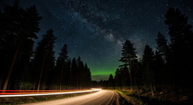 Majestic night sky with milky way over forest road in illuminated landscape