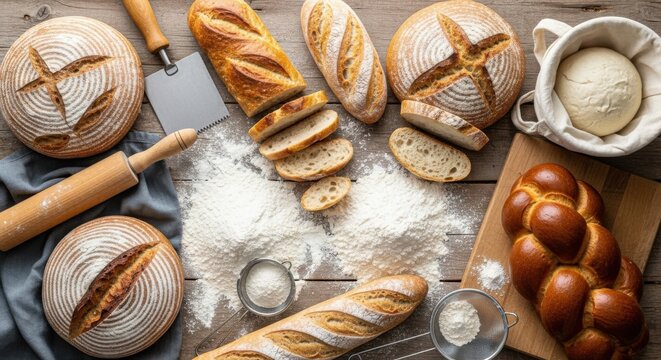 Artisan bread selection with flour and baking tools for culinary inspiration - Powered by Adobe