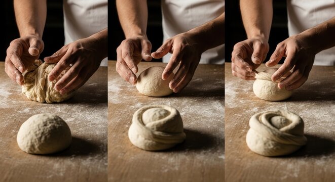 Artisan bread making process: kneading and shaping dough for homemade baking - Powered by Adobe