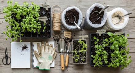 Gardening tools and seedlings on wooden table for spring planting preparation