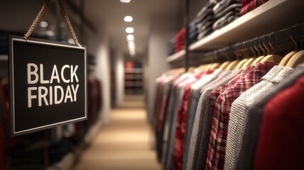 Hanging promotional sign advertises significant sales event inside a clothing store aisle