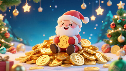 A festive cartoon depiction of Santa enjoying a mountain of golden Bitcoin coins with magical Christmas lights creating a cozy joyful atmosphere