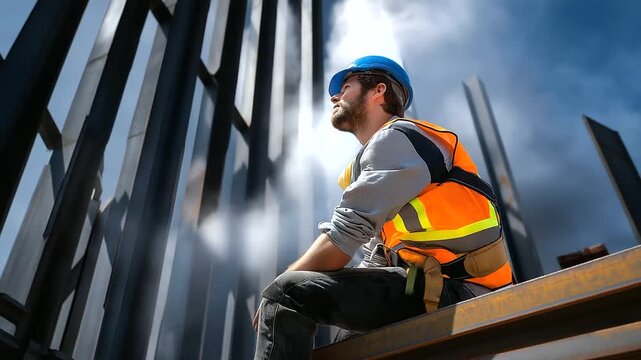 Worker resting on vertical steel supports, sunlight creating atmospheric haze, face turned away and unseen, with copy space
