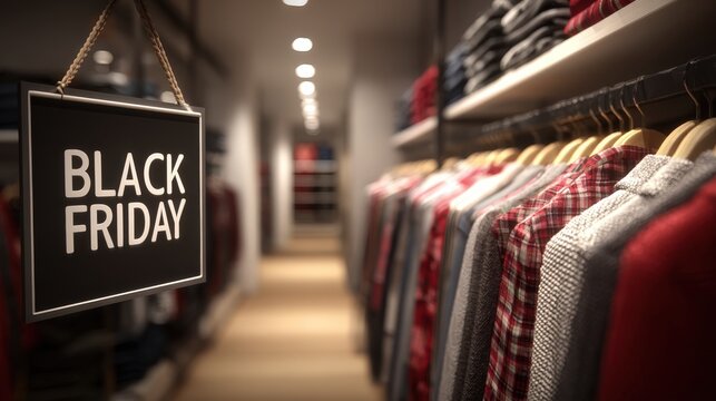 Hanging promotional sign advertises significant sales event inside a clothing store aisle - Powered by Adobe