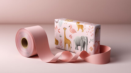 Gift box wrapped in animal print with pink satin ribbon on surface  