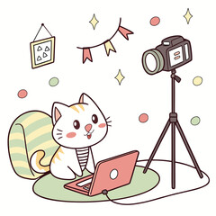 Adorable cartoon cat working on a laptop with a camera on a tripod in a creative studio setting