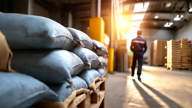 Woven industrial bags stacked tightly, faceless silhouette of a worker walking past in background blur, minimalistic warehouse scene, with copy space