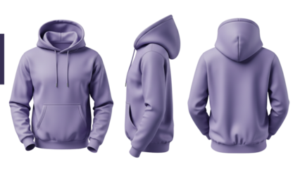 Three angles of a lavender hoodie isolated on transparent background for fashion