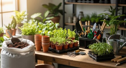 Home gardening setup with potted herbs and plants for indoor greenery inspiration
