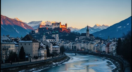 Winter sunset over salzburg with hohensalzburg fortress, snowy alps, and river view - perfect for travel inspiration or scenic decor