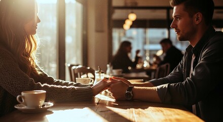A couple shares a tender moment, holding hands across a table in a cozy coffee shop