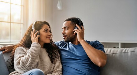 Young couple listening to music in overhead headphones while sitting on couch at home  