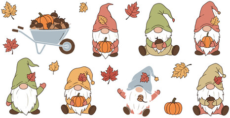 Autumn gnome, fall character, seasonal cartoon, pumpkin harvest, acorn collector, leaf decor, cozy illustration, festive hat, playful pose, Thanksgiving clipart