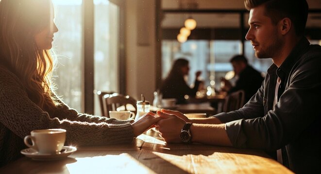 A couple shares a tender moment, holding hands across a table in a cozy coffee shop