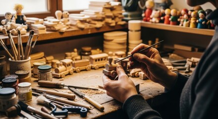 Crafting wooden toys in a workshop setting with traditional tools and techniques