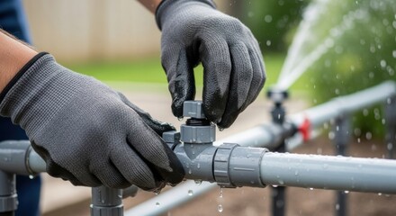 Hands adjusting garden irrigation system with dripping water for efficient water management