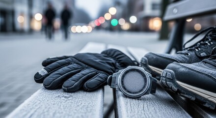Winter fitness gear with watch gloves and shoes on frosty park bench for cold weather outdoor activities