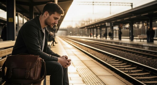 Contemplative man sitting at train station platform at sunset