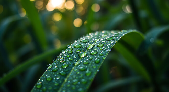 Dewdrops glistening on a blade of grass in the soft morning light