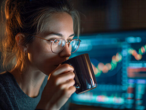 Woman wearing glasses sipping coffee while studying financial data on a computer screen during late night work session with colorful stock market charts in backgroun