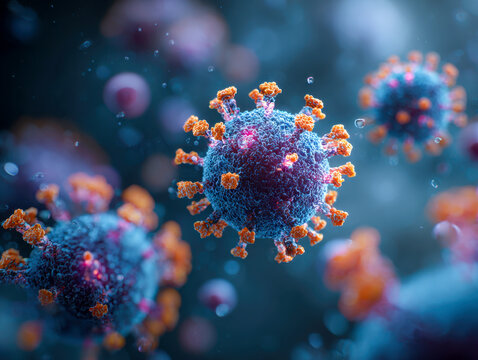 Digital illustration of a microscopic view of virus particles with vibrant spikes floating in a dark blue environment representing infectious disease and virology co