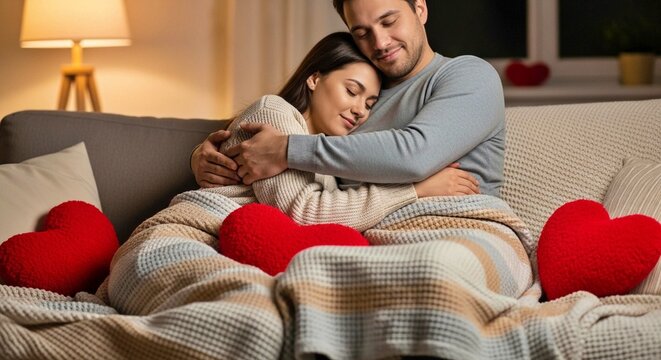 A young couple relaxes together under a blanket on a cozy sofa adorned with red heart-shaped cushions - Powered by Adobe