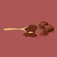 A cartoon drawing of a wooden spoon with chocolate sauce and two brownies, with cocoa powder in front, on a red background.