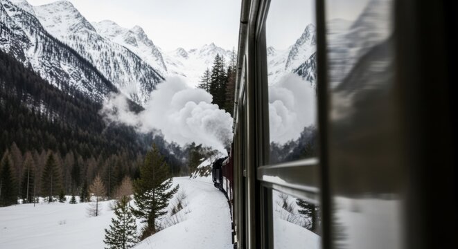 Winter train journey through snowy mountain landscape