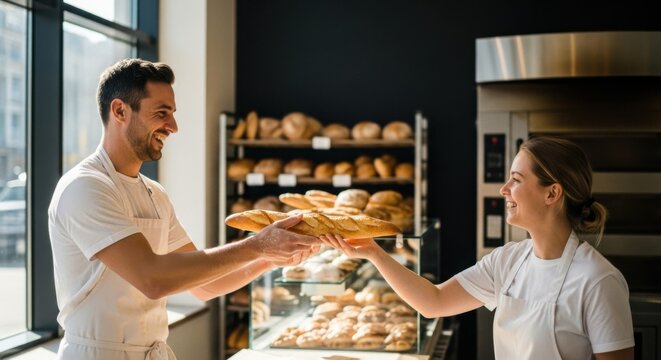 Cheerful bakers sharing freshly baked bread in artisan bakery setting