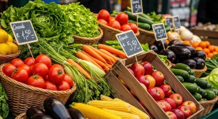 Vibrant farmers market display with fresh vegetables and fruits for healthy eating and organic lifestyle