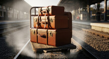 Vintage travel adventure concept with stacked suitcases at railway station for nostalgic design and decor