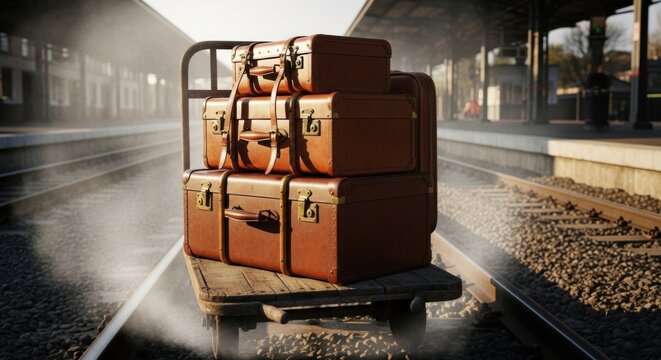 Vintage travel adventure concept with stacked suitcases at railway station for nostalgic design and decor - Powered by Adobe