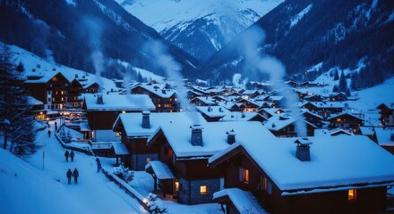 Winter night in snowy mountain village with cozy cabins and smoky chimneys in scenic alpine landscape