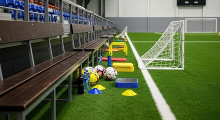 Soccer training equipment on indoor field for team practice and sports coaching use