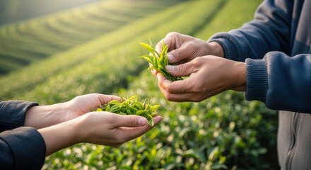 Hands holding fresh green tea leaves in verdant plantation fields for agriculture and sustainability themes