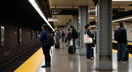 Commuters waiting on subway platform with luggage for urban travel experience
