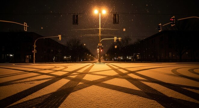 Snowy urban intersection at night with tire tracks and illuminated traffic lights