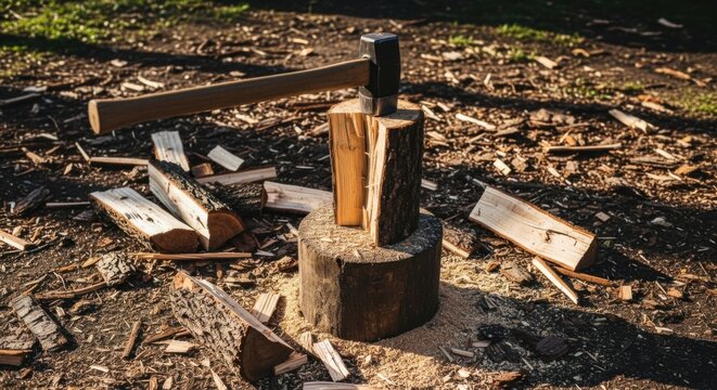 Rustic wood chopping scene with axe on tree stump in sunlit forest clearing