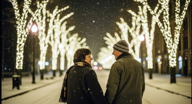 Romantic winter stroll under festive lights on a snowy evening for holiday card design