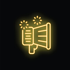 Yellow neon megaphone making announcement with sparks on dark background