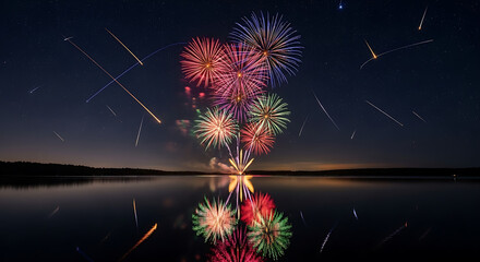 A breathtaking scene of celebration with colorful fireworks illuminating a dark night sky filled with falling meteor trails.