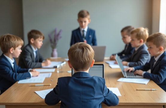 Group of kids hold business meeting. Children dressed in suits sit at table working with laptops. Young leader explains something standing near the table. Children plan startup idea strategy.