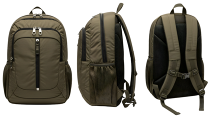 Backpack isolated on transparent background in olive green front, side, and back view