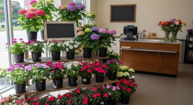 Floral shop display with colorful flower arrangements and blank chalkboards for customization ideas