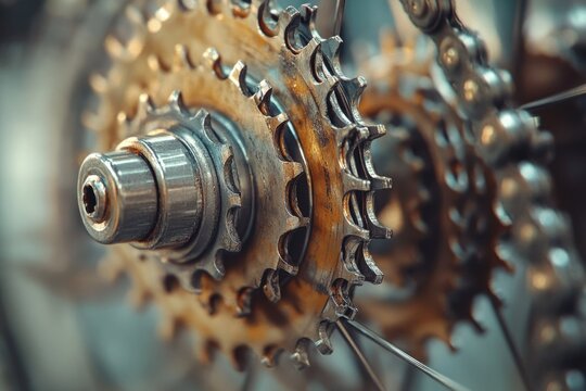 Close-up of a bicycle's rear cassette and chain, showing detailed metal gears and drivetrain components with a weathered, mechanical aesthetic.