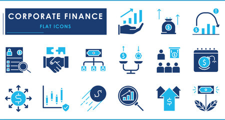 A set of flat icons related to Corporate finance. Capital budgeting, Financial modeling, Valuation, Corporate strategy, Risk management, Equity financing, Leverage, and so on.