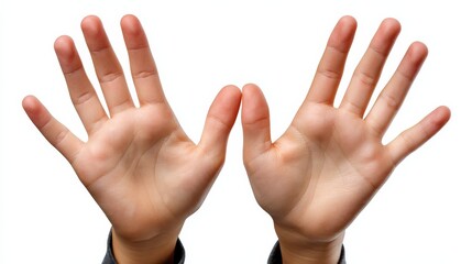Child's hands showing jazz hands with fingers spread wide against a white background, exuding energy and enthusiasm